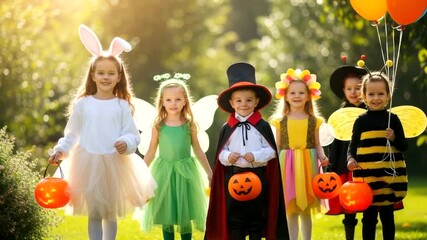 Group of children in halloween costumes trick or treating in the park - Powered by Adobe