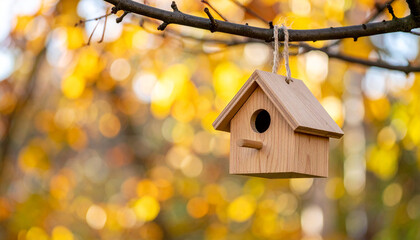 Small wooden birdhouse hanging on tree branch in autumn forest, blurred yellow and orange leaves