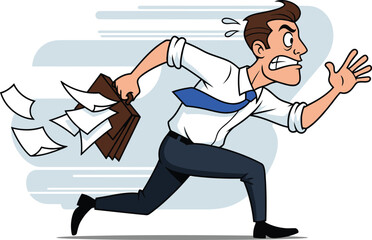 Energetic cartoon man in a white shirt and dark pants running with a baseball bat and glove