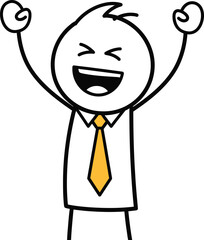 Excited stick figure businessman celebrating success with arms raised in triumph and a wide smile