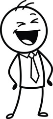 Joyful stick figure businessman with a wide open mouth laughing heartily with closed eyes and a tie