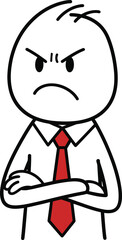 Frustrated stick figure businessman with arms crossed showing anger and displeasure with furrowed brow