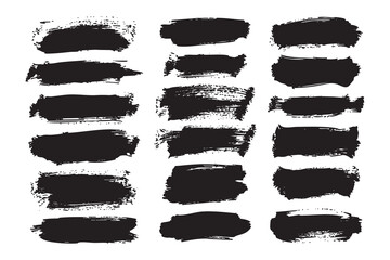 set of black horizontal paint brush strokes isolated on white background, grunge ink texture collection for design, abstract brush line set for poster, banner, and artistic template