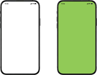Two smartphones side by side, one with a blank white screen and the other with a green screen, representing different UI options