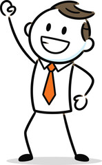 Excited cartoon businessman with arm raised in celebration and a big smile on his face
