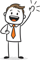 Happy cartoon businessman in a suit and tie raising his hand with a bright idea or greeting