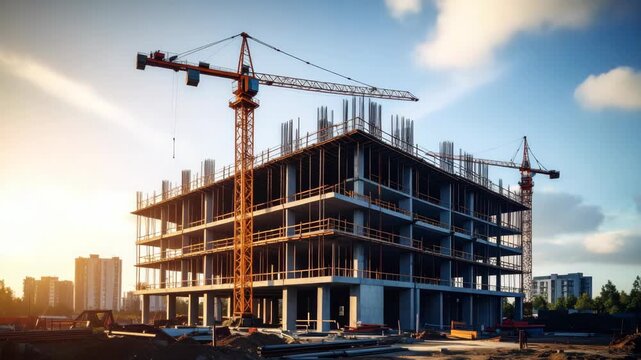 Construction site with a large building under construction with cranes and rebar, surrounded by green trees and blue sky