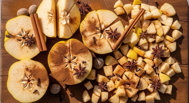 Autumnal Fruit Arrangement with Spices and Ingredients on a Wooden Surface