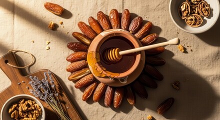 Artistic Arrangement of Dates, Honey, Lavender, and Walnuts on a Linen Surface