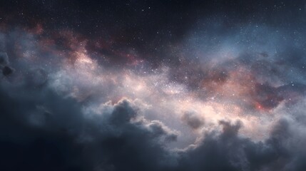 A breathtaking view of the cosmos featuring glowing nebulae stardust and dramatic celestial clouds