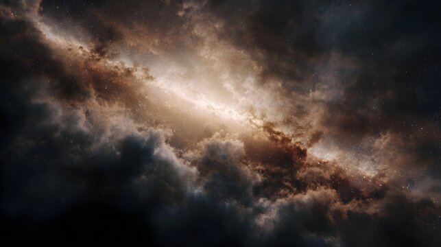 A majestic swirling galaxy formation rendered in dramatic cosmic clouds and dust illuminated by a central golden light