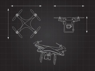 Drone, quadcopter drawing. Industrial drawing. Control panel. Front view, top view. Vector illustration.