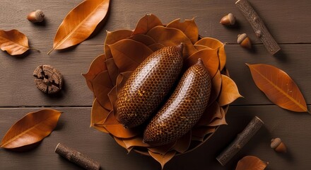 Autumnal Still Life Featuring Tropical Fruits Nestled In Vibrant Fallen Foliage