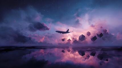 Surreal airplane flight through a cosmic dreamscape with floating geometric shapes and vibrant clouds