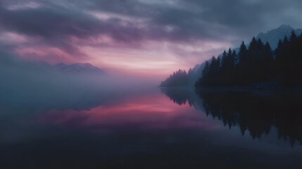 Misty lake reflects vibrant sunrise colors amidst silhouette of pine trees and mountains
