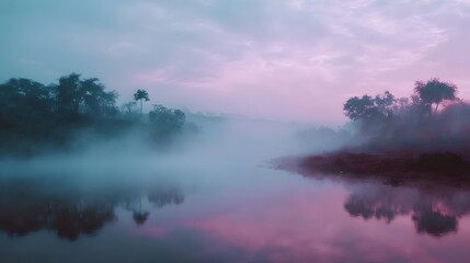 A serene landscape with misty water reflecting a soft pink and blue twilight sky