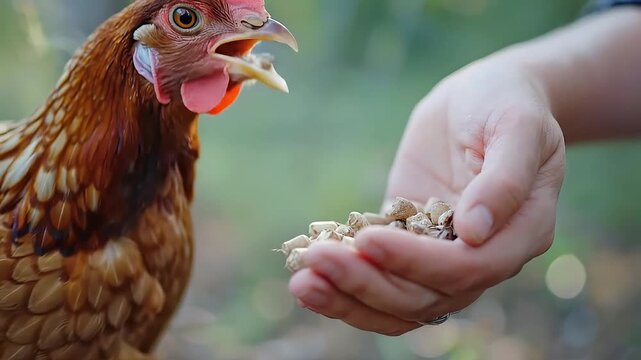 Chicken being fed by hand, perfect for illustrating animal care, backyard farming, feeding domestic animals, and fostering connection with nature.