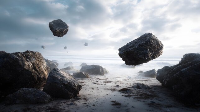 Surreal beach landscape with levitating rocks in ethereal dawn mist