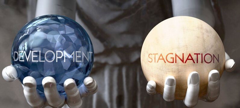 Development or Stagnation - decide between two options. Greek statue presenting a choice: development or stagnation, weighing their values. Looking at pros and cons.  ,3d illustration