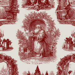 Traditional European Christmas scenes. Seamless vector pattern. Vintage engraving or ink drawing style vector illustration.