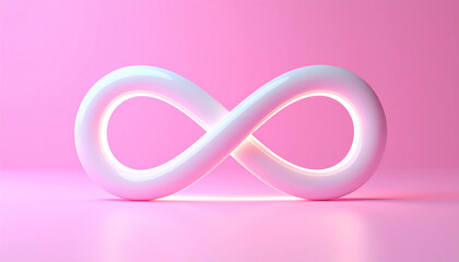 White 3D infinity symbol glowing softly on pink background. Endless possibilities, eternal cycle