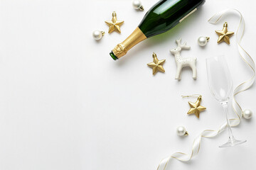 Christmas or New Year's Eve flatlay composition with closed champagne bottle, glass and festive gold decorations on white background.