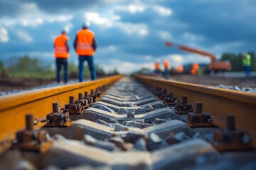 Railway construction site with workers in safety vests and close-up of train tracks