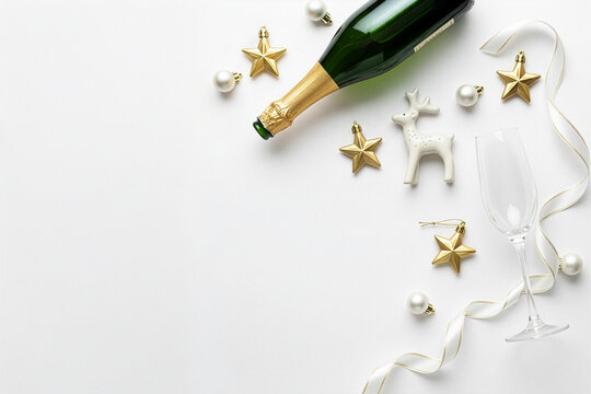 Christmas or New Year's Eve flatlay composition with closed champagne bottle, glass and festive gold decorations on white background. - Powered by Adobe