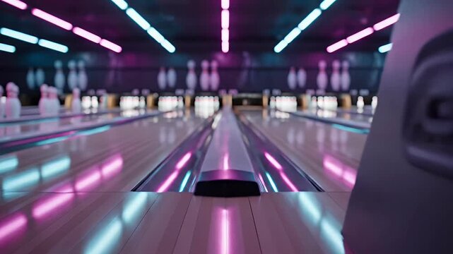 Bowling Alley Interior with Row of Colorful Bowling Balls and Glowing Neon Lights