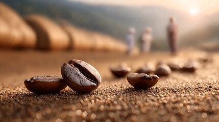 Closeup of roasted coffee beans scattered on sandy ground with blurred figures in the background at sunrise, evoking a sense of origin and cultivation