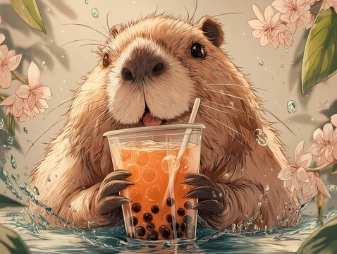 Capybara enjoying bubble tea cheerful illustration soft shadi