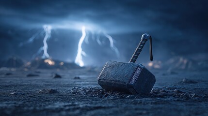 A dark, dramatic scene depicts a formidable hammer resting on a desolate landscape during a powerful storm.