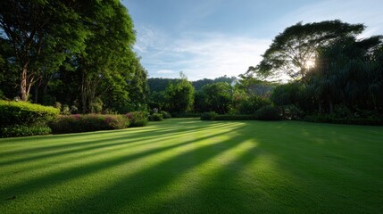 Fototapeta premium Lush green lawn with long tree shadows in tranquil garden at sunrise, manicured grass, peaceful atmosphere and soft sunlight enhancing serene outdoor landscape