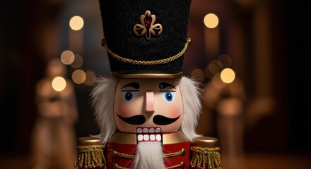 Nutcracker figurine with a smiling expression in festive atmosphere  