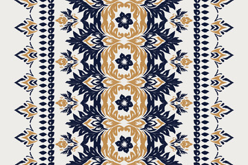 Blue and gold Ikat floral pattern featuring geometric stripes and traditional weaving texture. Kilim pattern, Ikat ethnic oriental embroidery,Aztec style,baroque pattern.design for texture,fabric