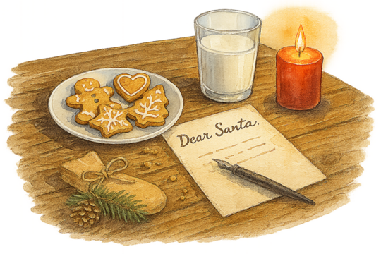 Watercolor rustic Christmas table with cookies, milk, letter to Santa, and candlelight isolated on transparent background