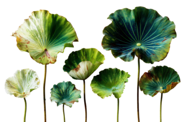Collection of lotus leaves in various stages of autumn decay isolated transparent background.