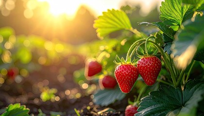Close up of ripe red strawberries on green leafy plant in soft golden morning sunlight with bokeh background