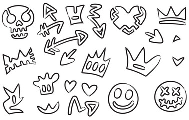 Black and white doodle collection featuring skulls crowns and playful symbols