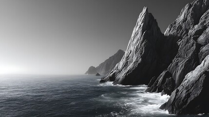 Obraz premium Monochrome minimal seascape of rugged ocean cliff, focusing on natural rock texture and contrast, with wide empty upper area perfect for modern banner or text layout design.