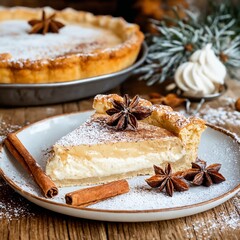 Homemade cream pie with cinnamon and anise on wooden table for winter dessert