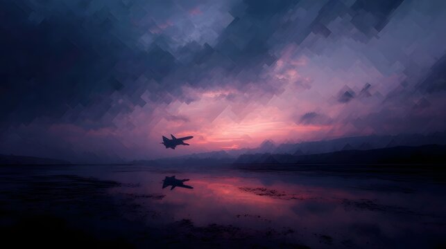 Mystical jet fighter silhouette over abstract water reflection at twilight with fractured colorful sky