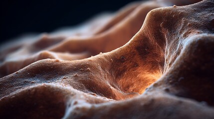 Abstract macro photography capturing the intricate texture and organic curves of a biological surface, with warm lighting highlighting its detailed structure and depth