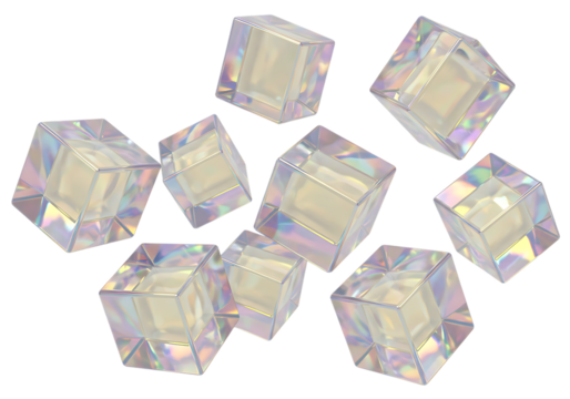 Group of iridescent cube beads isolated on transparent background, top view