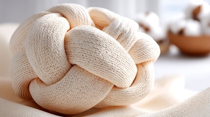 A closeup, soft focus shot of a creamcolored knitted knot pillow, resting on a textured fabric, with a blurred background of cotton bolls in a wooden bowl