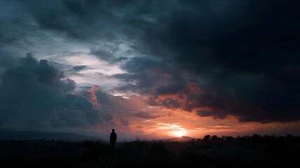 A lone figure stands in a grassy field observing a dramatic sunset under heavy moody clouds