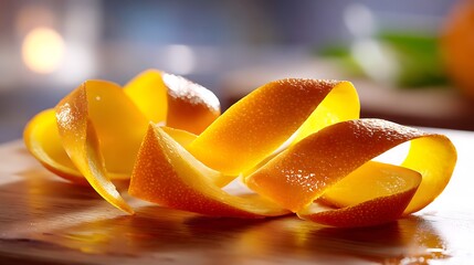 A vibrant orange peel twisted into an elegant spiral shape, showcasing its textured zest and bright citrus color, set against a softly blurred background
