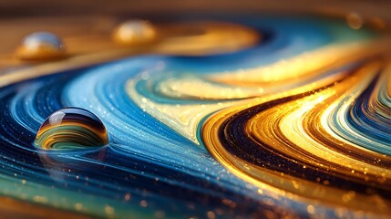 Abstract macro photography of colorful swirling liquid with water droplets, creating a mesmerizing and dynamic fluid art pattern with golden and blue hues