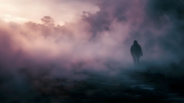A lone figure walks through a thick ethereal mist at dawn bathed in soft muted light evoking a sense of mystery and solitude
