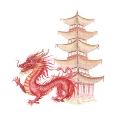 Watercolor illustration of a traditional Asian pagoda and red dragon, hand-painted with delicate detail. Ideal for travel branding, cultural projects, architecture books, souvenirs.